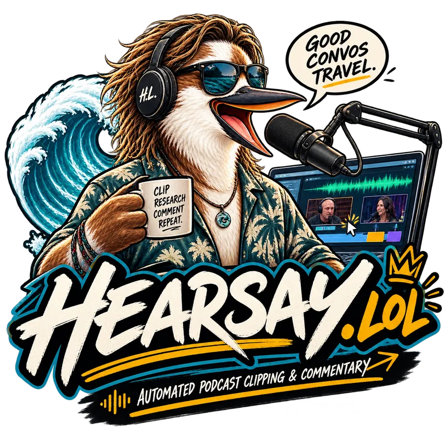 Hearsay.lol — a kookaburra in headphones and a palm-print shirt at a podcast microphone, saying: good convos travel.